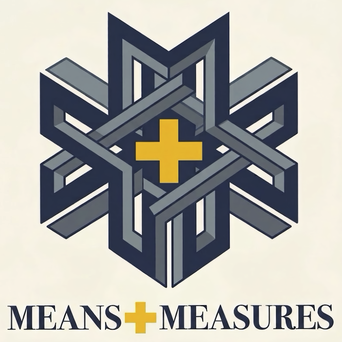 Means+Measures — interlocking joinery mark with central gold plus and wordmark